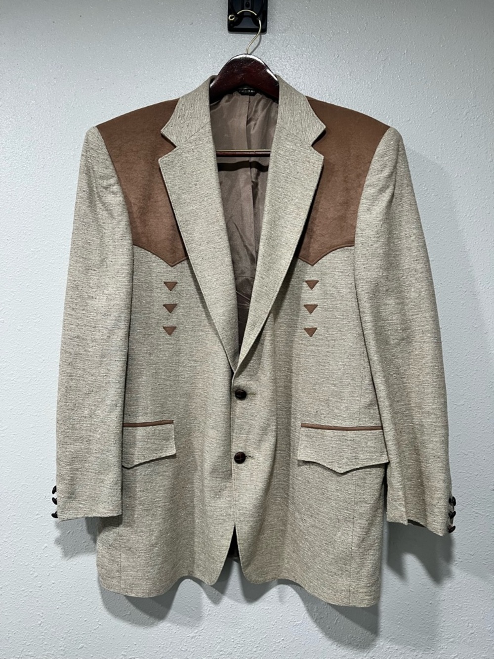 Vintage Western Style Blazer Pagano West 46L Beige Rodeo Suede Tweed Made In USA